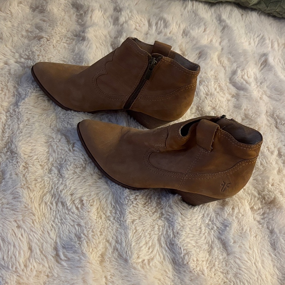 Frye Tan Suede Western-Inspired Ankle Booties